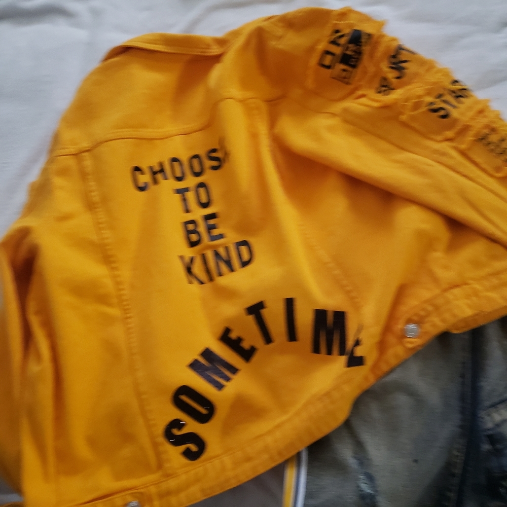 Denim revamped Shein Jacket 😲😱 xxl..clean...worn 1 time...catchy slogan..